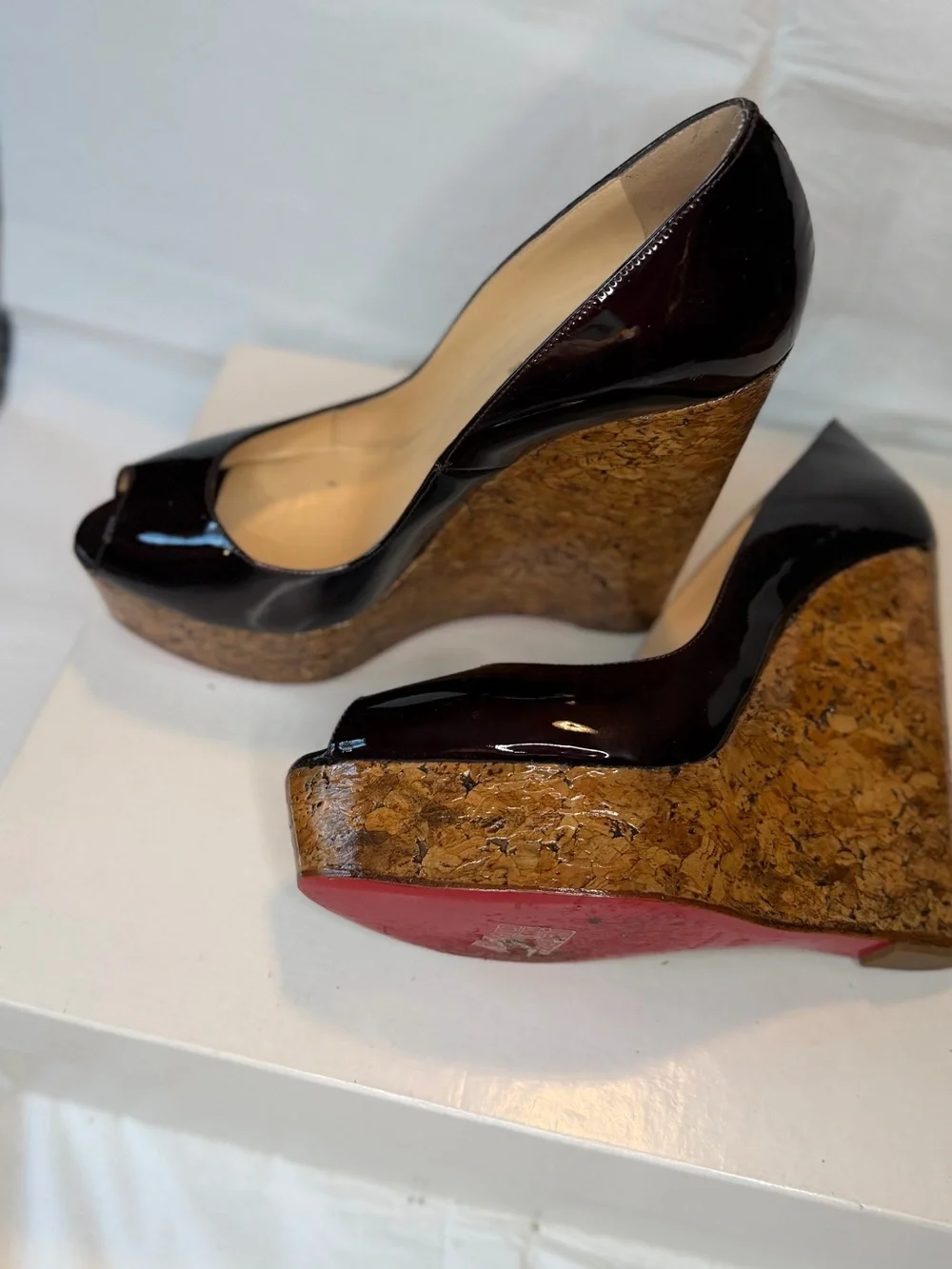 Christian Louboutin Black Patent Peep-Toe Cork Platform Wedges